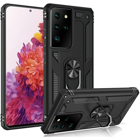 Finger Loop Armor Hybrid Case with 360° Rotating Ring Holder Kickstand for Samsung Galaxy S21 Ultra 5G - Black