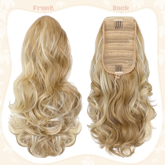 WEIF-15" Ponytail Extension Drawstring Curly Wavy Ponytail Extensions Clip in Long Pony Tails Hair Cute Synthetic Piece for Women Ash Blonde Mix Bleach Blonde