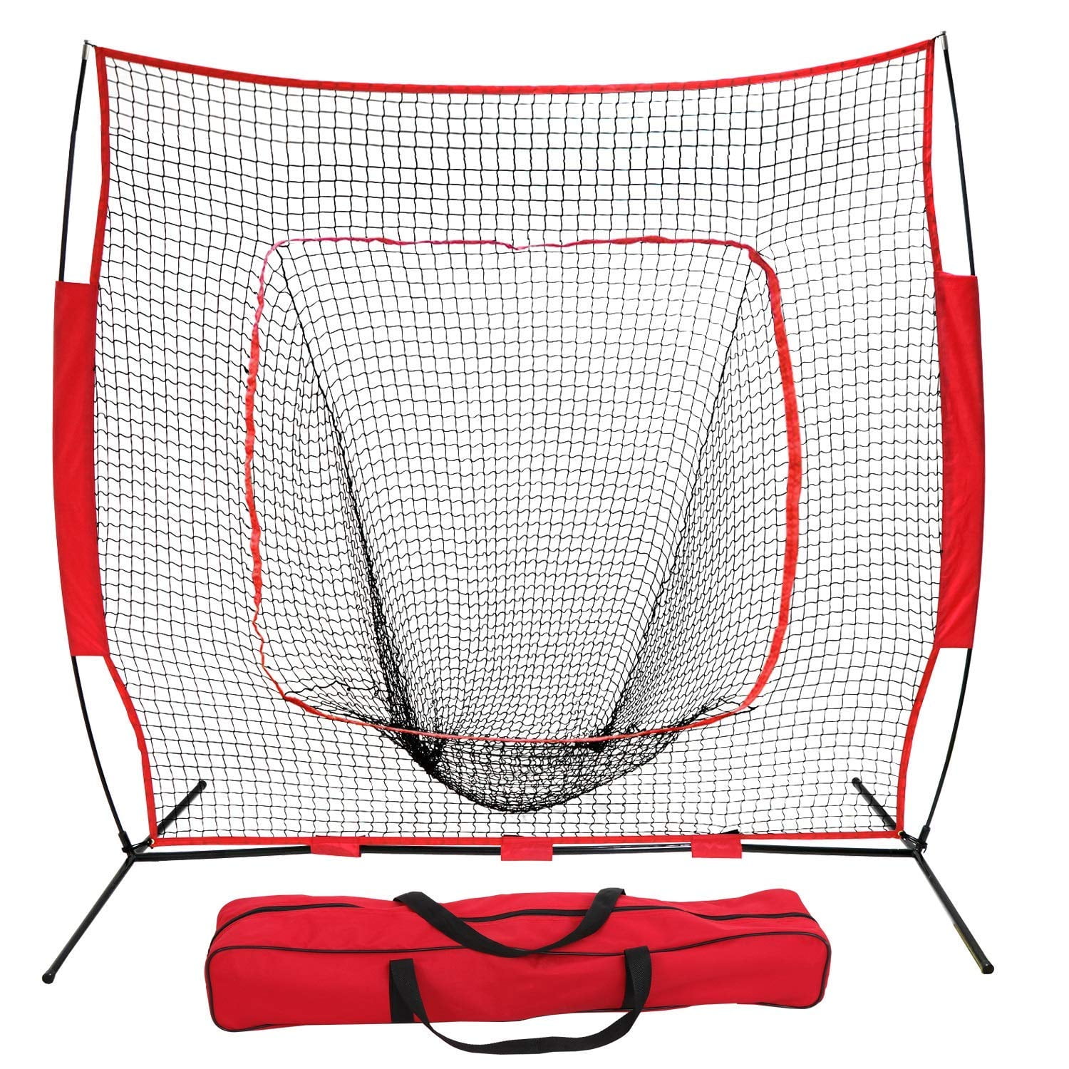Red Baseball 7 x 7' Net Practice Hitting Pitching Batting and Catching with Bag