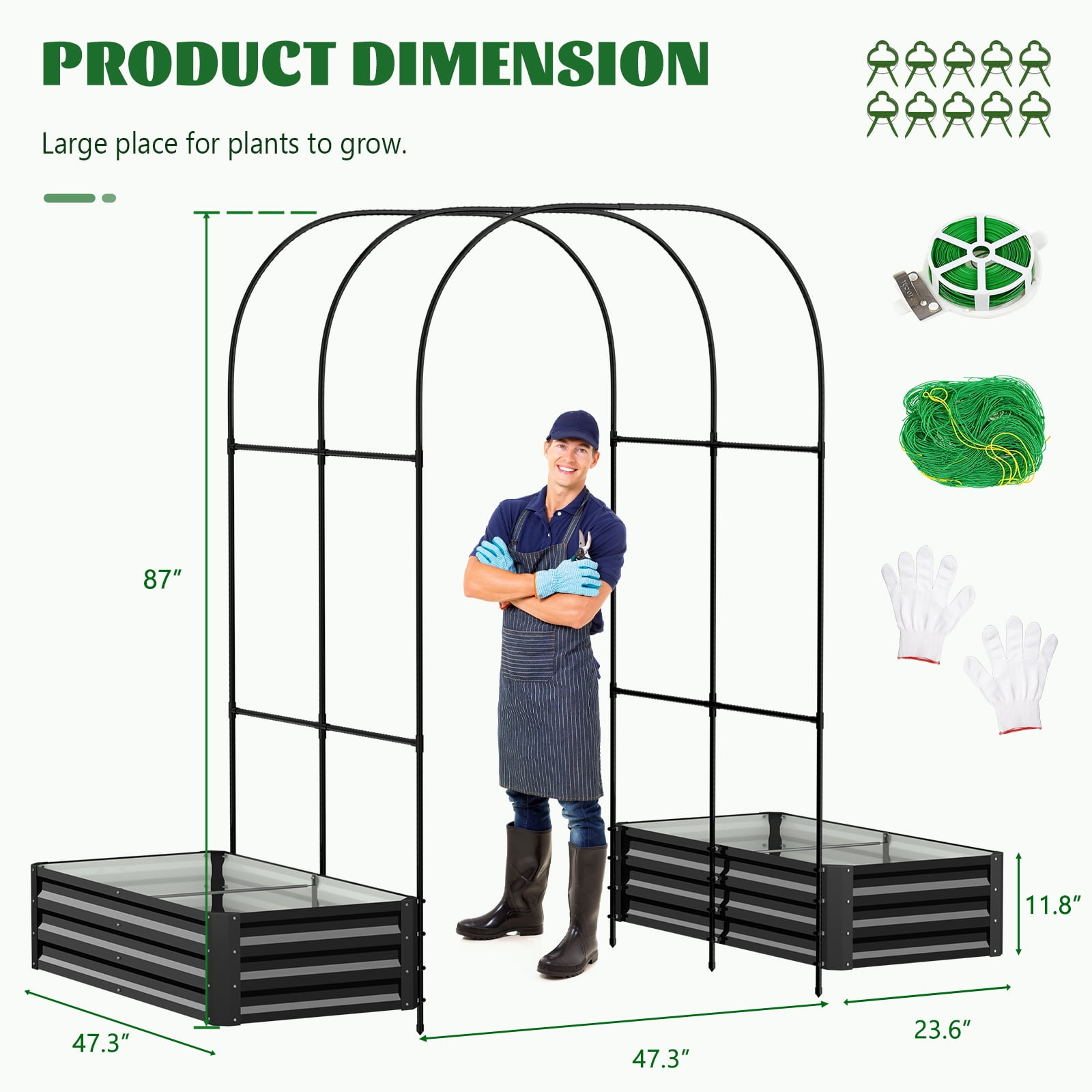 Slsy 3 in 1 Galvanized Raised Garden Bed with 85in Tall Arch Trellis for Climbing Vegetables Flowers Herbs, Metal Raised Garden Bed Kit with Trellis, Plant Ties, Climbing Supporting Netting