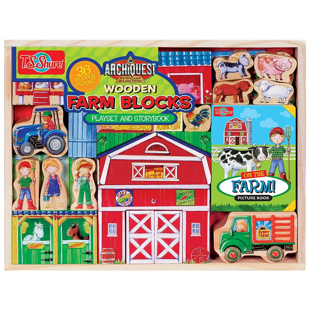 T.S. Shure ArchiQuest Wooden Farm Blocks Playset & Storybook, This farm