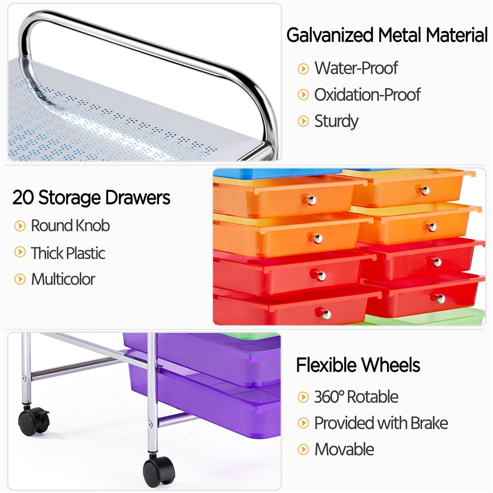 3.95 Gallon 20 Drawer Rolling Metal and Plastic Storage Bin with Wheels,  25.00 X 14.00 X