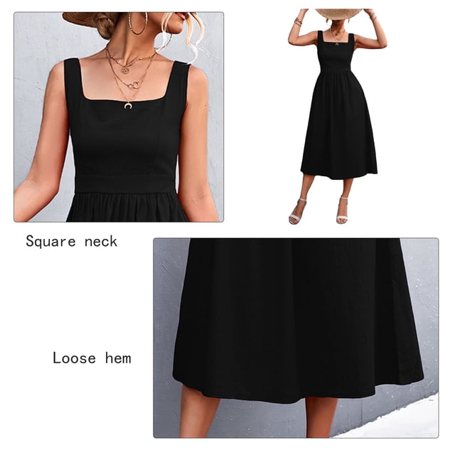 Vestido Informal Con Tirantes, Lavable, Suave, Elegante, Regalo De Cumpleaños, Cuello Cuadrado, Vestido Suelto Para La Vida Diaria Para Fiesta En La Playa Cergrey Negro M