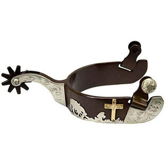 Showman Men's Brown Steel Show Spurs w/ Gold & Silver Praying Cowboy Design