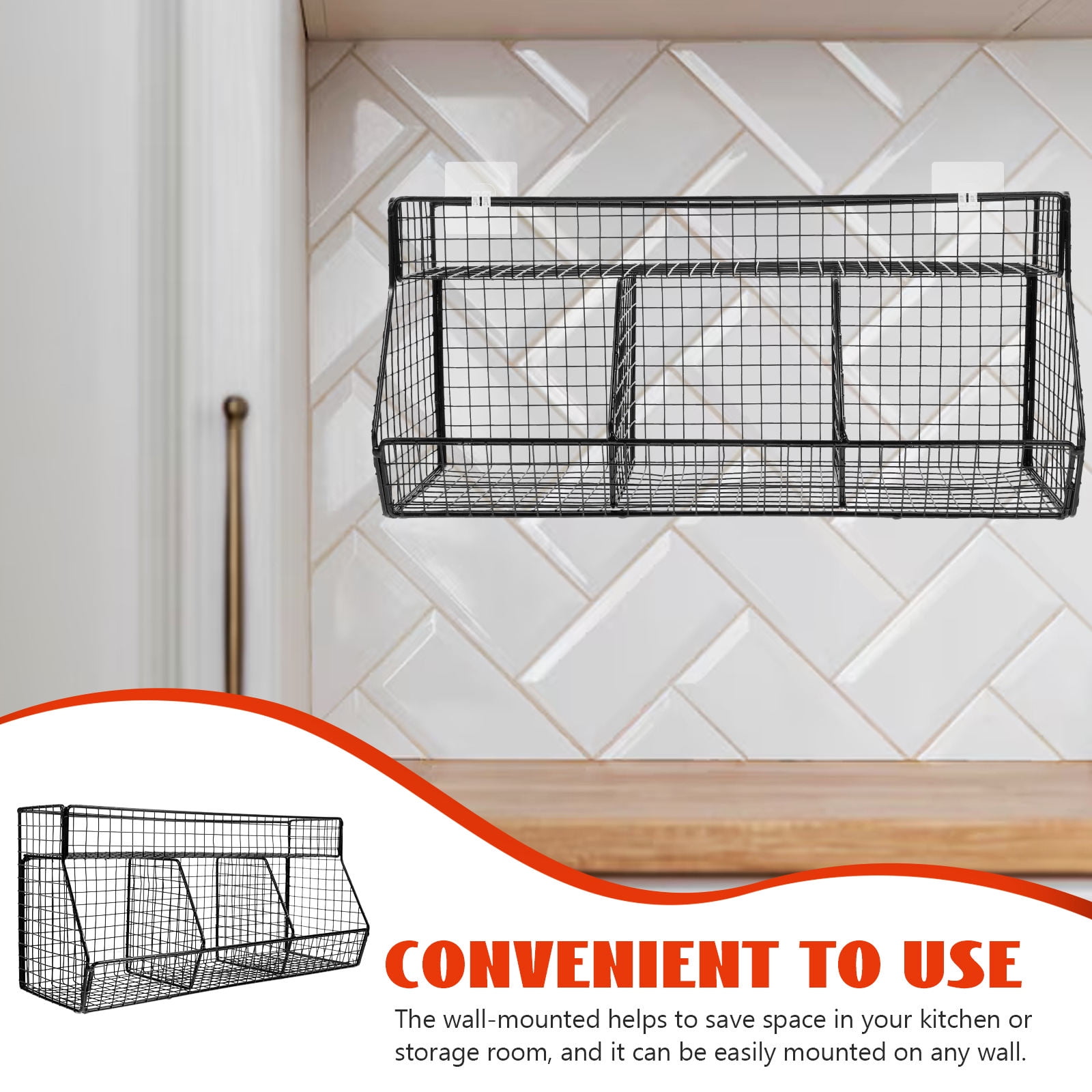 Pretyzoom Kitchen Wall Mounted Storage Basket Black Wire Organizer for Fruits and Veggies