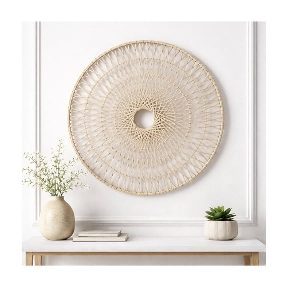 Decorative Round Wicker Wall Hanging Art for Room Display - Woven Rattan Wall Hanging for Home Decor - Boho Bamboo Wood Art Accent for Living Room, Bedroom, Bathroom, and Entryway - 36", White