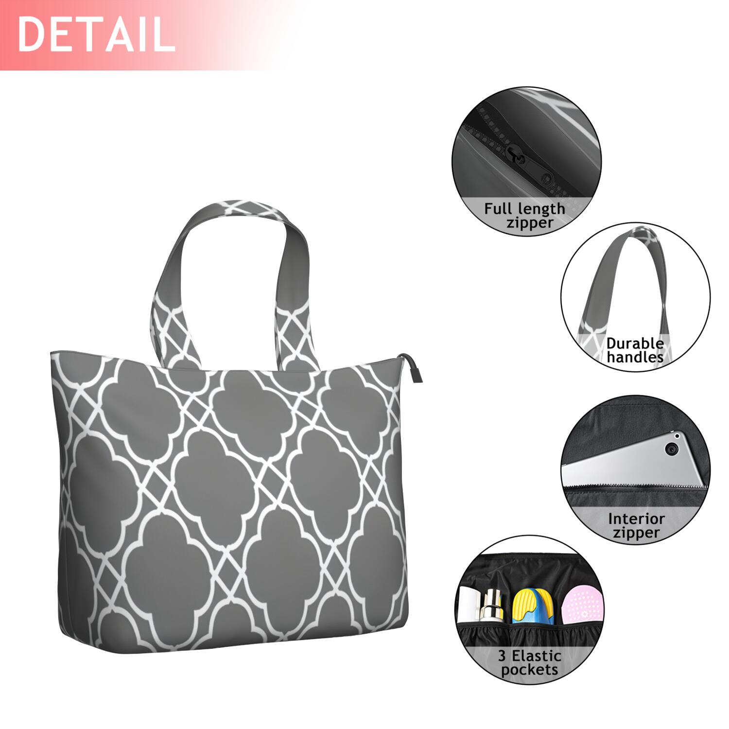 Gray Geometric Quatrefoil Pattern Travel Tote Bags for Women Carry On,Large Weekender Bags for Women Travel,Multi Functional Duffle Bag for Work,Shopping,Sports
