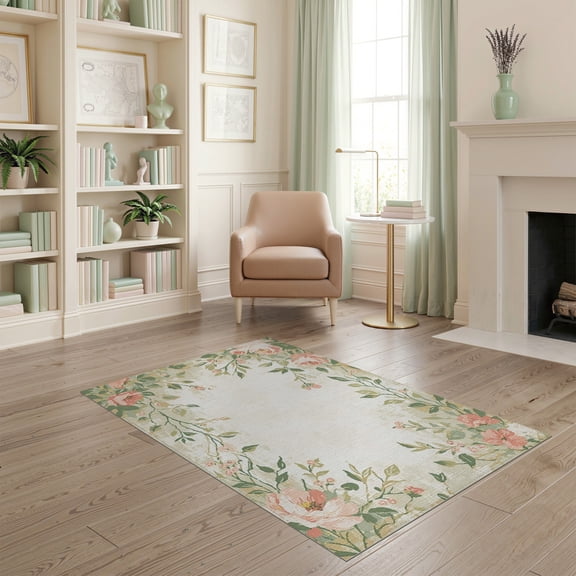 ODIKA 4'x6' Sage Green Boho Cottagecore Vintage Washable Area Rug Distressed Garden Bloom Pastel Botanical Repeat Refined Edge Non-Slip, Chair-Friendly, Flatwoven for Home Office, Under Desk