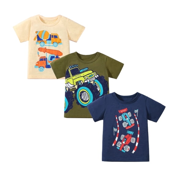 HILEELANG 2-7T Toddler Little Boys 3-Pack T-Shirts Truck Car Construction Vehicle Graphic 100% Cotton Short Sleeve Summer Tees Blue Green Yellow 2T 3T 4T 5T 6T 7T