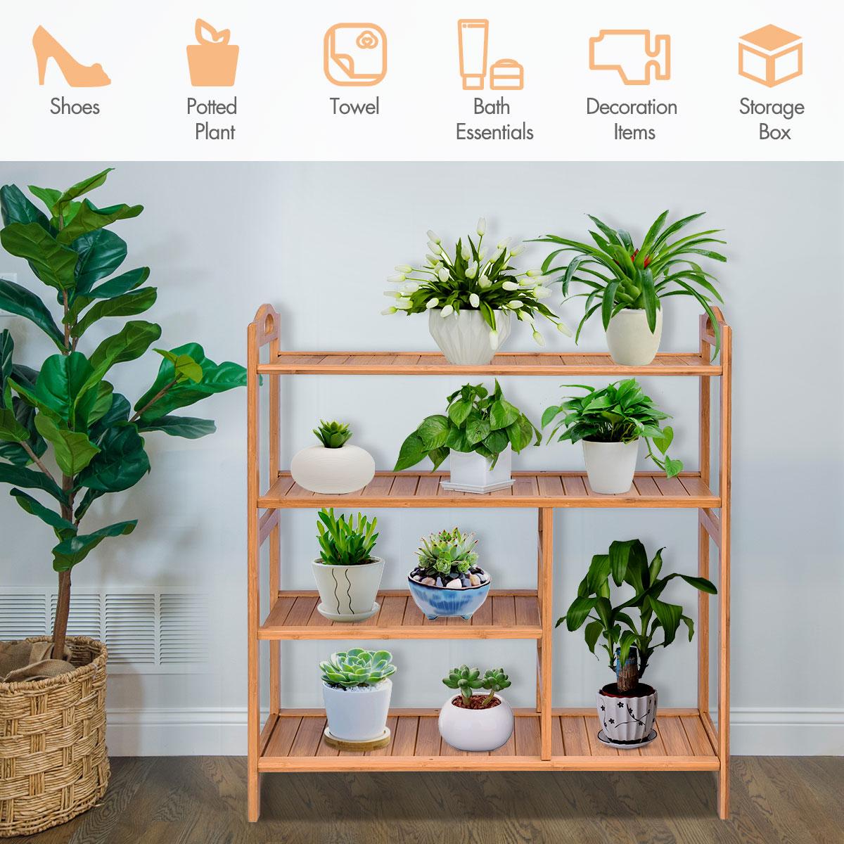 4-Tier Bamboo Shoe Rack with Boots Storage, Freestanding Wooden Display Shelf with Handle, Multifunctional Storage Organizer for Bathroom Entryway, Hallway, Living Room Plant Stand