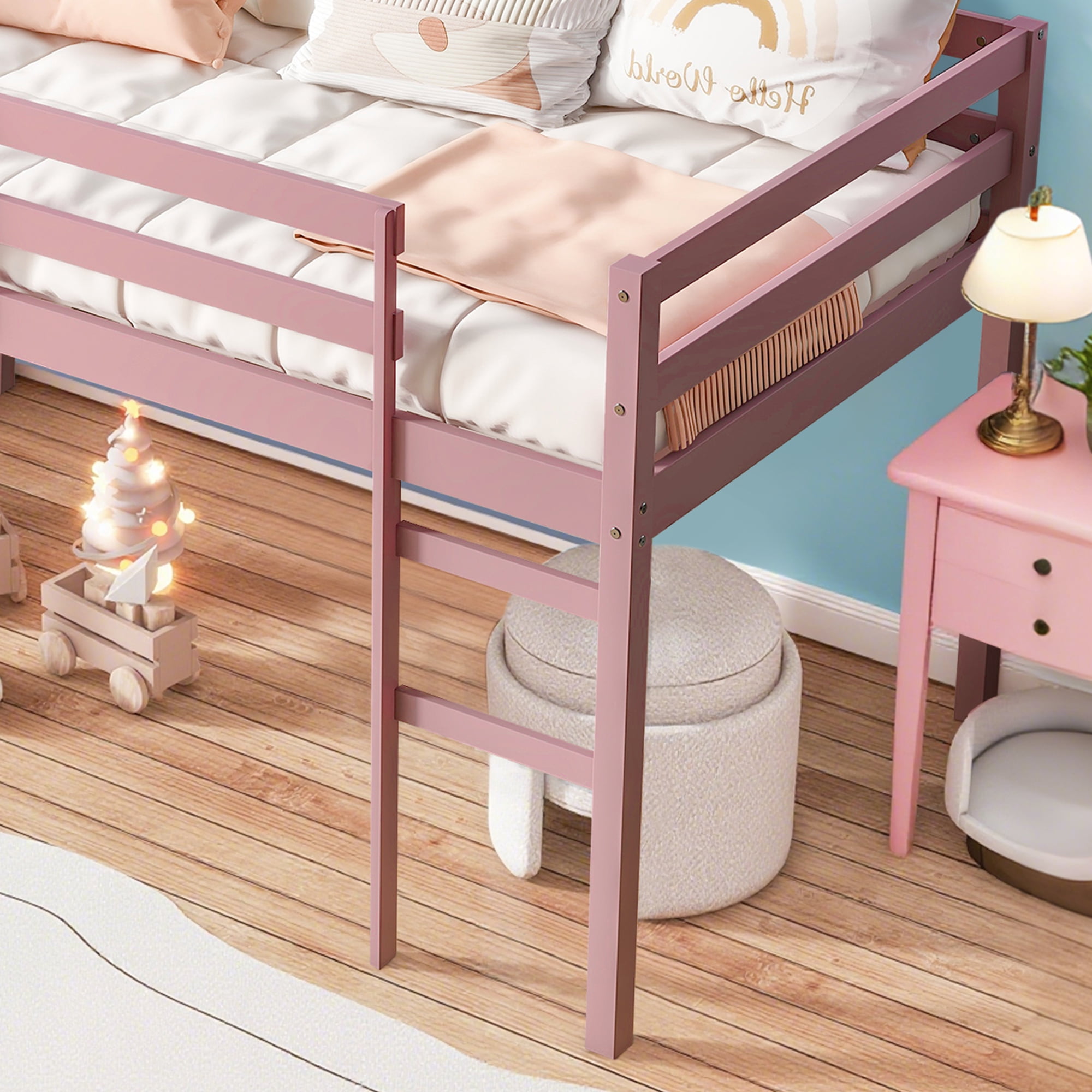 Miniyam Twin Loft Bed for Kids, Solid Wood Frame with Ladder and Guardrails, Space-Saving Design, Pink