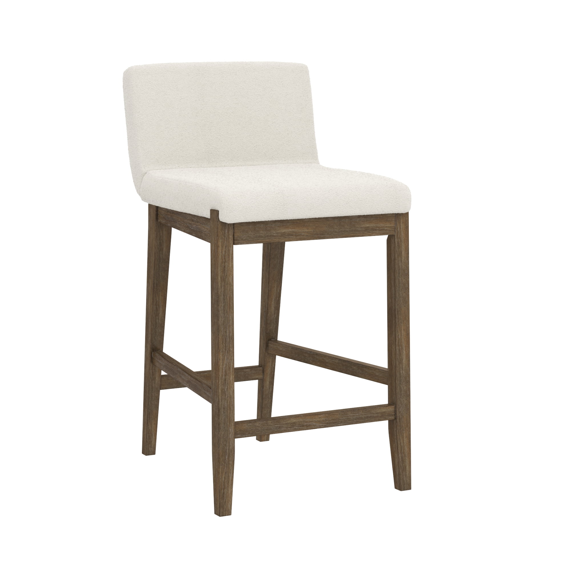 Gracie Modern Counter Height Bar Stool with Back, Counter Stool Upholstered Chair with Natural Textured Boucle Linen and Brushed Wooden Legs, White/Dark Brown