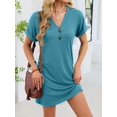 thumbnail image 4 of Robe T-Shirt Décontractée pour Femme à Col en V Mini Robes d'Été à Boutons à Manches Courtes Bleu Lac S, 4 of 10