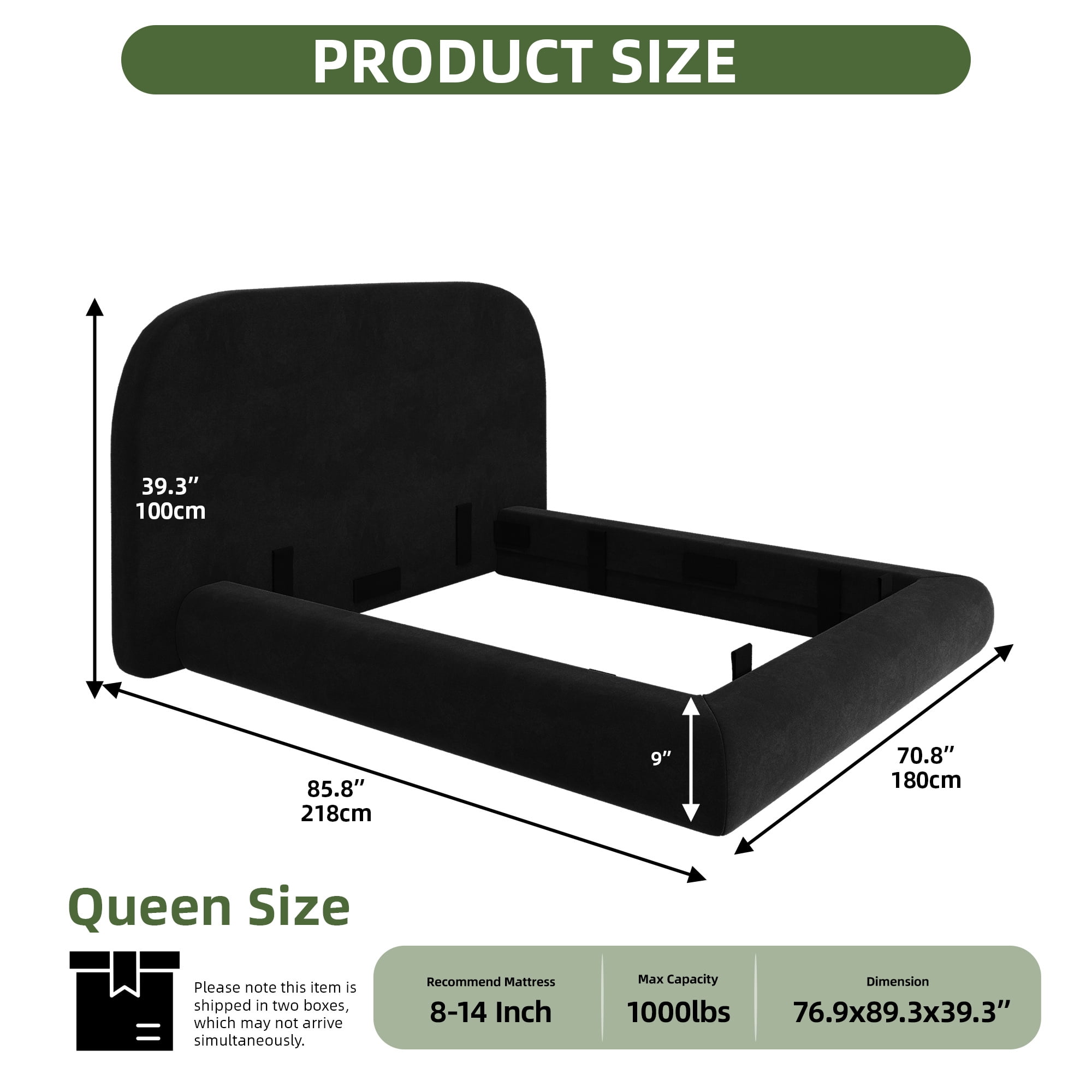 Uforic Queen Size Velvet Upholstered Platform Bed Frame, Contemporary Curved Cloud Bed with Soft Rounded Headboard, Black