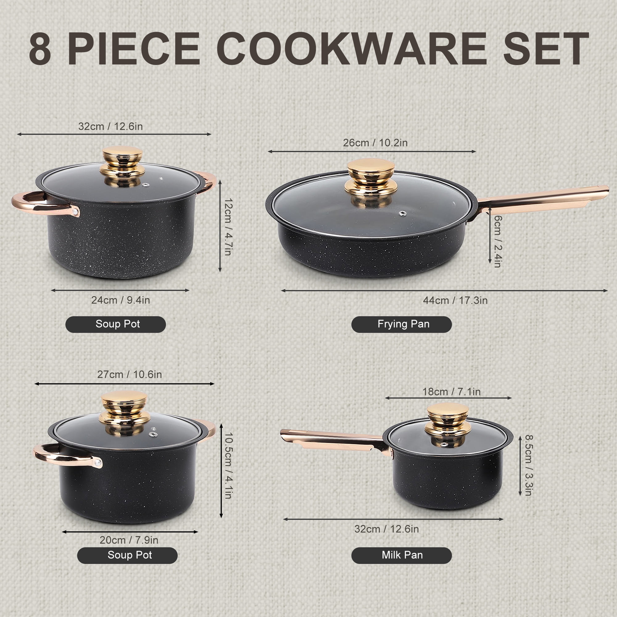 8 Pcs Pots and Pans Set Non Stick, Nonstick Kitchen Cookware Sets, Induction Cookware, For Oven & Dishwasher , Premium Kitchen Cooking Set with Gold Handles, Black