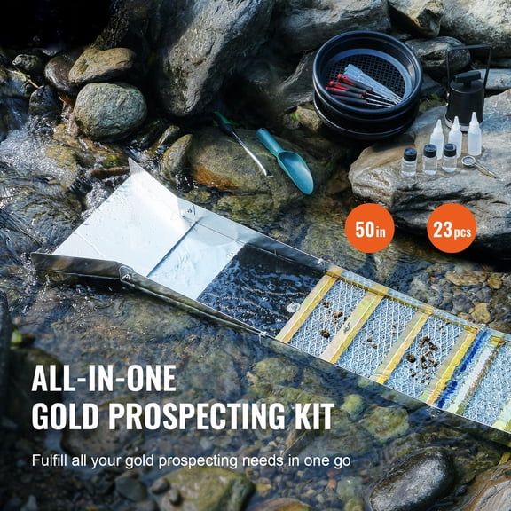 Folding Sluice Box Gold Panning Kit,50"23pc Gold Prospecting Equipment Kit with Gold Pan,Classifier Screen,Separating Magnet,Backpack and More