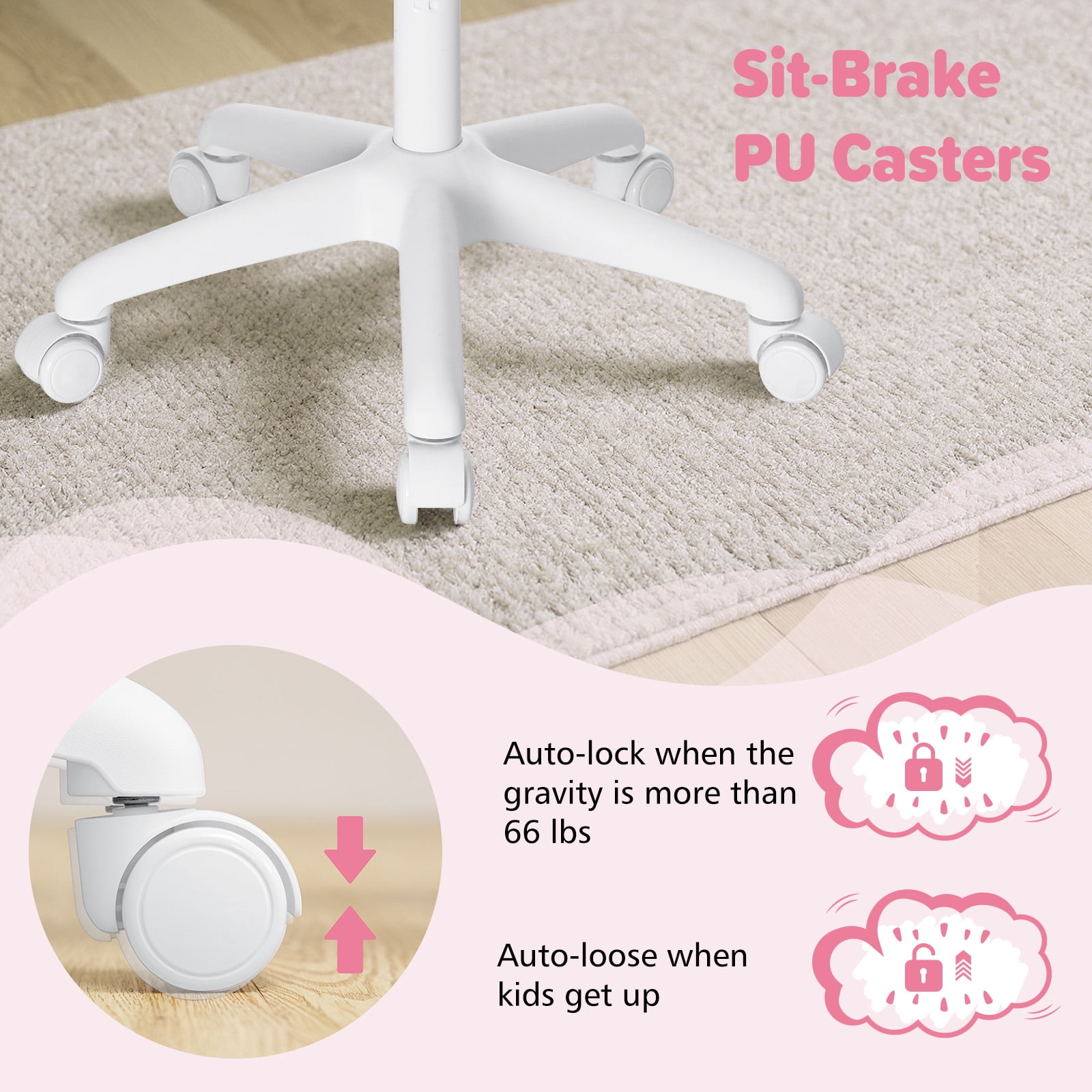 Hoffree Kids Desk Chair with Flipped Arms Wheels Ergonomic Study Chair with Footrest Adjustable Height Rolling Desk Chair for Teens Boys Girls in Study Room Pink