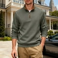 thumbnail image 5 of Kakii Men's Business Casual Quarter-Zip Sweatshirt, Olive Green Fleece-Lined Waffle Knit Top with Stand Collar, Long Sleeve Pullover, 5 of 9