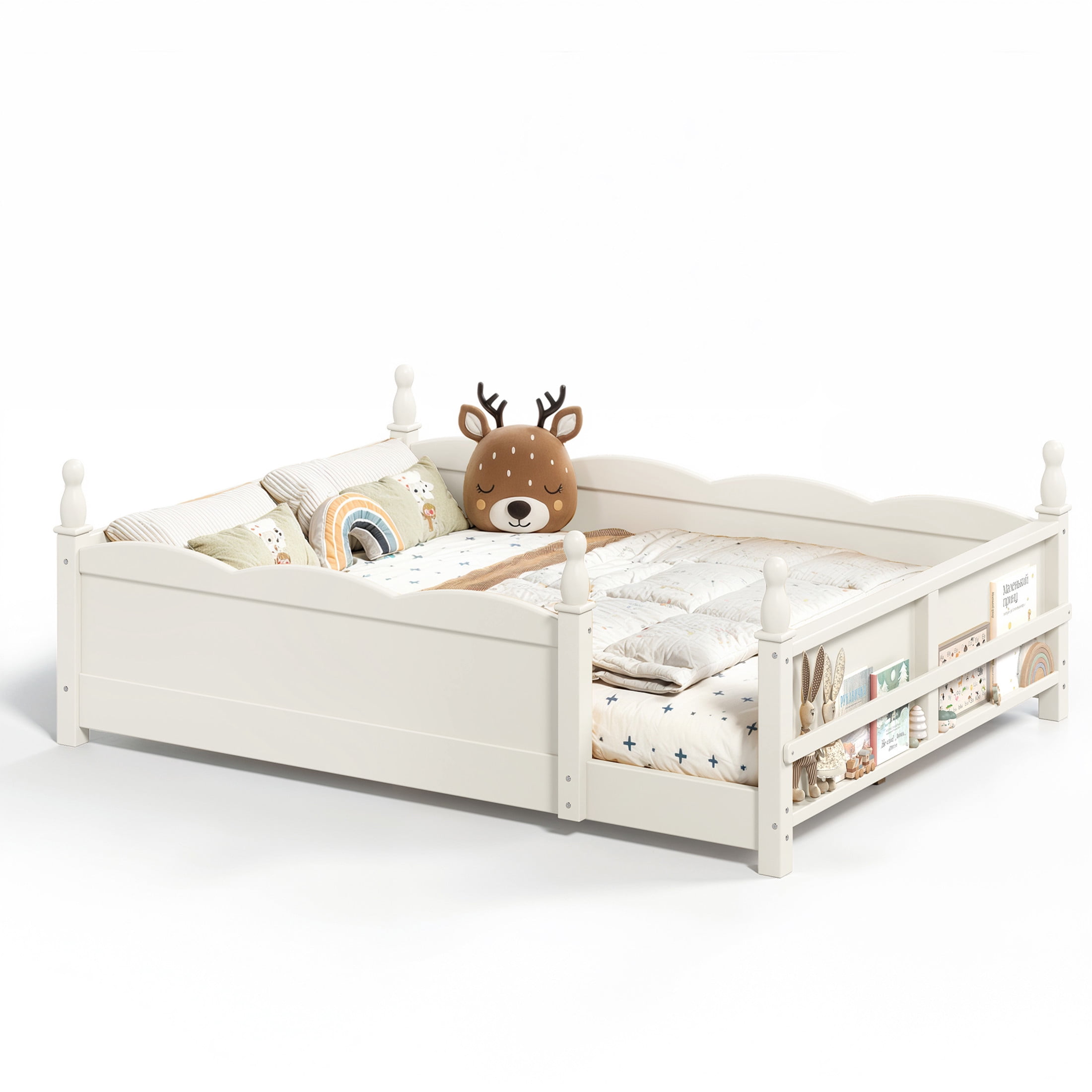 GDF Studio Full Size Montessori Floor Bed with Guardrails & Side Bookshelf, Childlike Design, Beige White