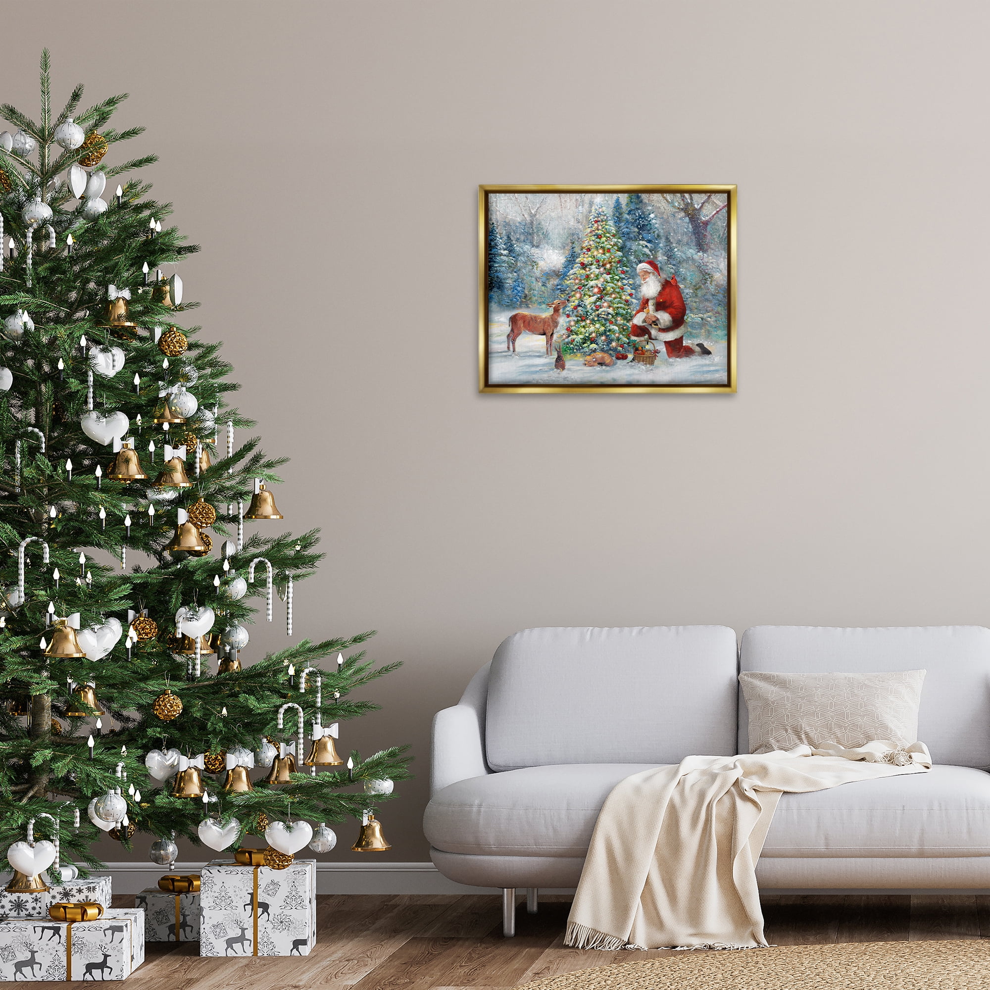 Stupell Industries Santa & Baby Deer Holiday Painting Gold Floater Framed Canvas Art Prints Wall Art, 31 x 25