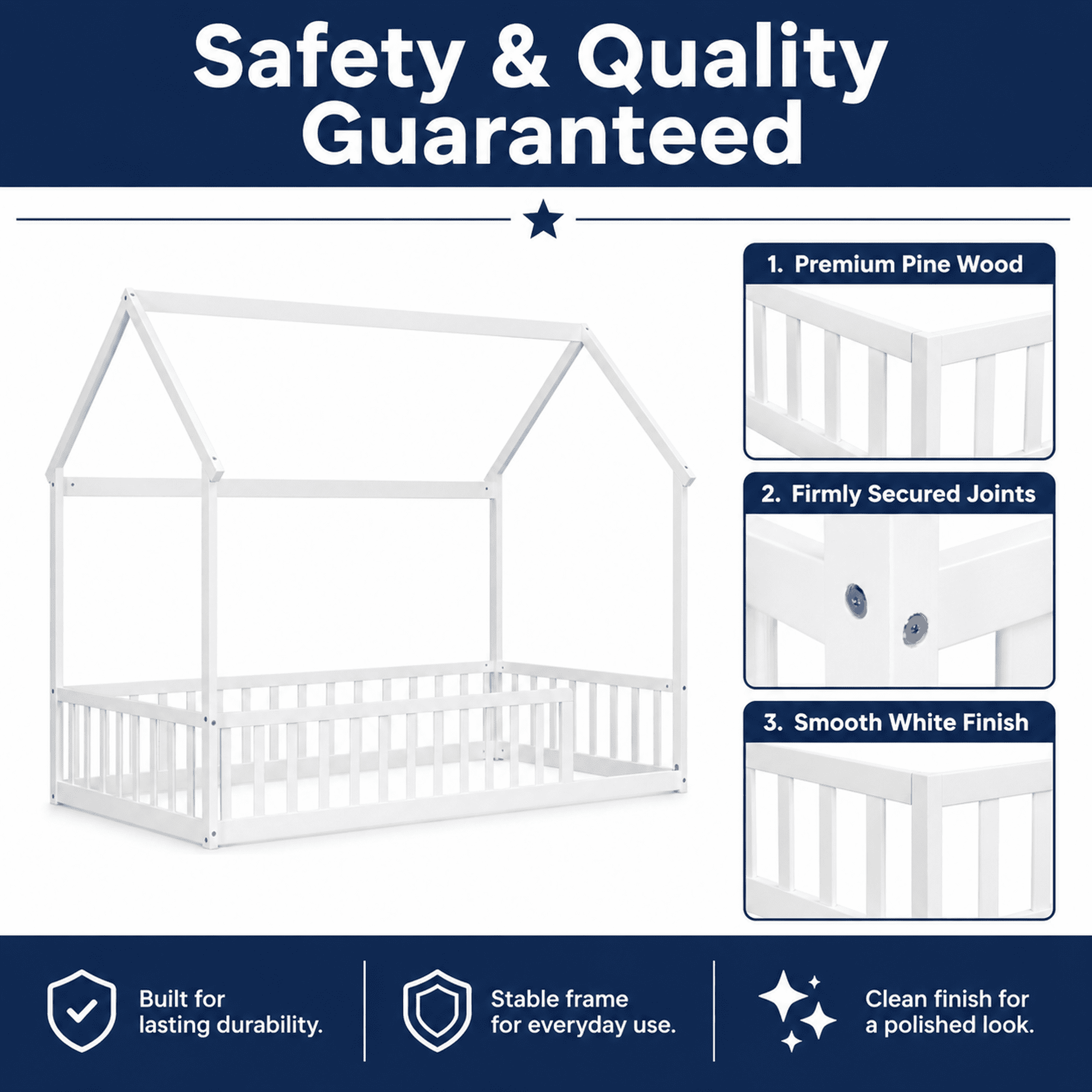 Miniyam Twin Size House Floor Bed for Kids, Wood Low Profile Bed Frame with Guardrails, White