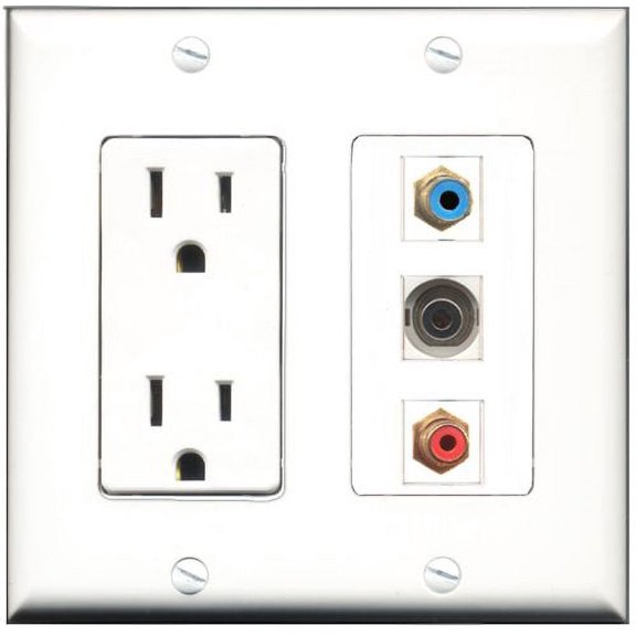 RiteAV - 15 Amp Power Outlet 1 Port RCA Red 1 Port RCA Blue 1 Port 3.5mm Decorative Wall Plate