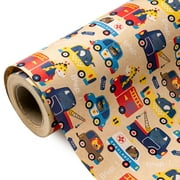 WRAPAHOLIC Kraft Car PresNok Wrapping Paper - Mini Roll - 17 Inch x 16.5 Feet - Adorable Police Fire Trucks Animal Design, Perfect for Kids Boys Birthday, Baby Shower