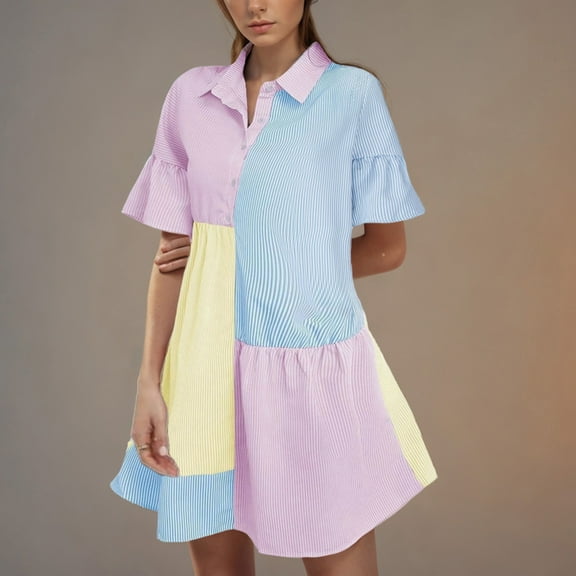 Homenesgenics Dresses for Women Womens Dresses Summer Spring and Summer New Striped Short-sleeved Color Shirt Dress Short-sleeved Lapel Dress Pink XXL