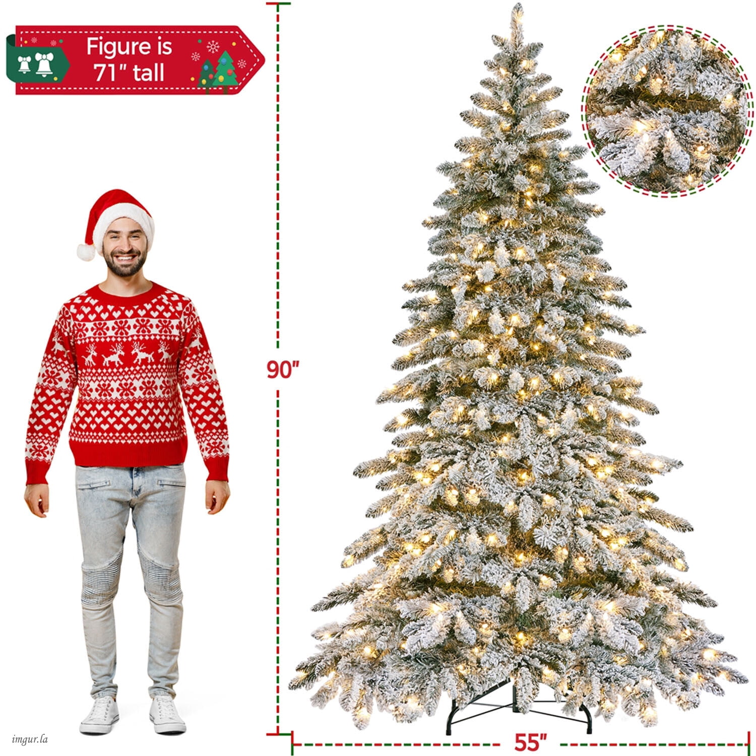 Alden Design 7.5FT Pre-lit Snow Flocked Christmas Tree, Christmas Fir Tree with LED Lights and Foldable Stand, Green & White