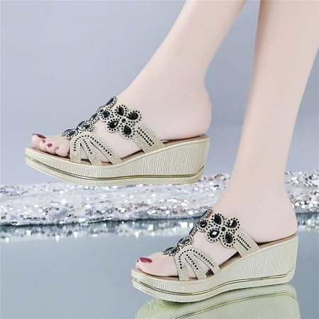 

Yedhsi Women Ladies Crystal Wedges Thick Peep Toe Sandals Slippers Shoes