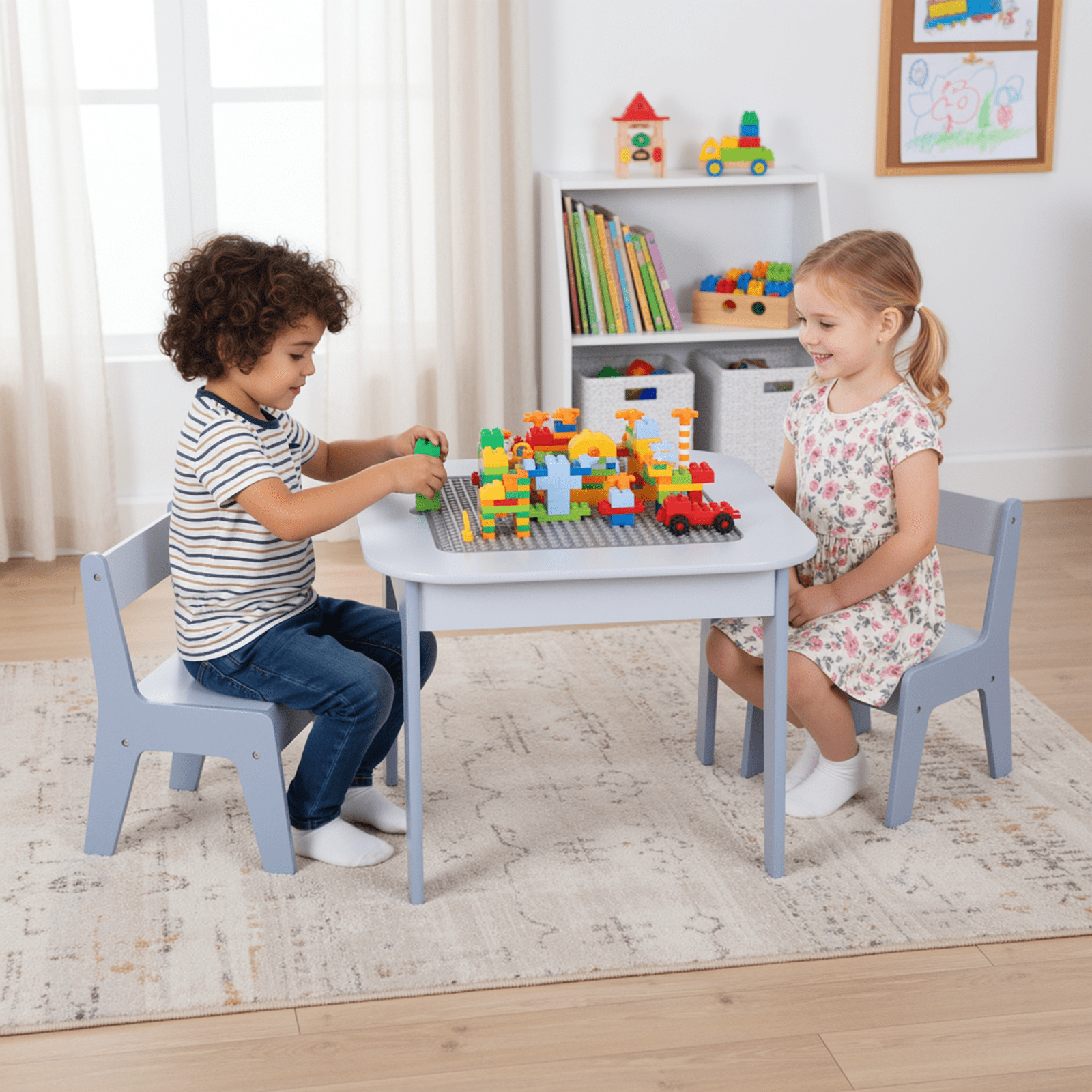 TLSUNNY Kids Table and 2 Chairs Set with Storage, Toddler Activity Table Set, Blackboard, Whiteboard & Building Blocks Tabletop, for Kids Ages 3+