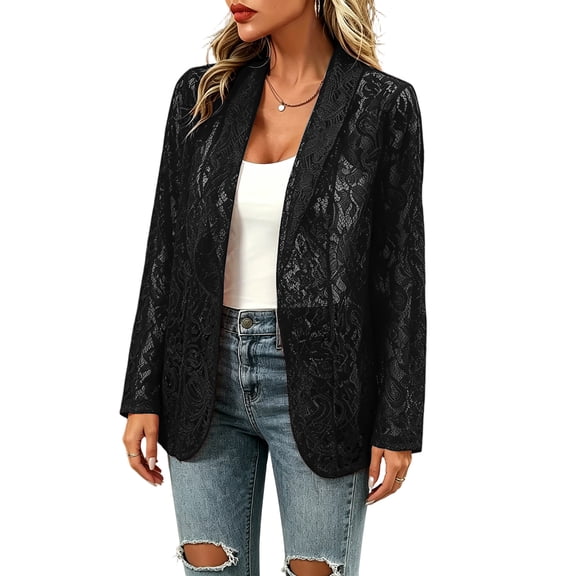 ZsaeSM Lace Blazers for Women Lapel Business Casual Open Front Long Sleeve Sheer Cardigan Lightweight Summer Jackets Black L