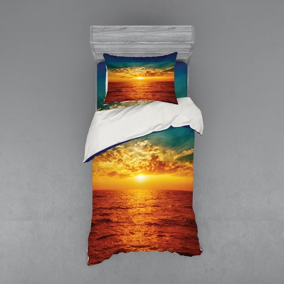Ambesonne Exotic Bedding Set 3 Pcs, Sunset Seaside Clouds, Twin, Multicolor