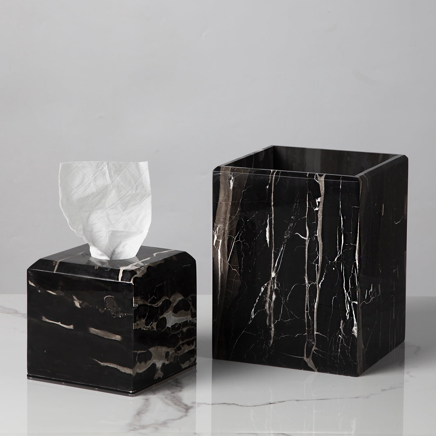 White and Black Marble Wastebasket - Natural Trash Can, Bath Decor, and Sturdy Bathroom Accessories