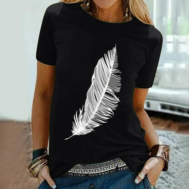 zanvin Womens tshirts Shirt Tees Casual Fashion Short Sleeve Fall T Shirt  Feather Print Tops Blouse,Black