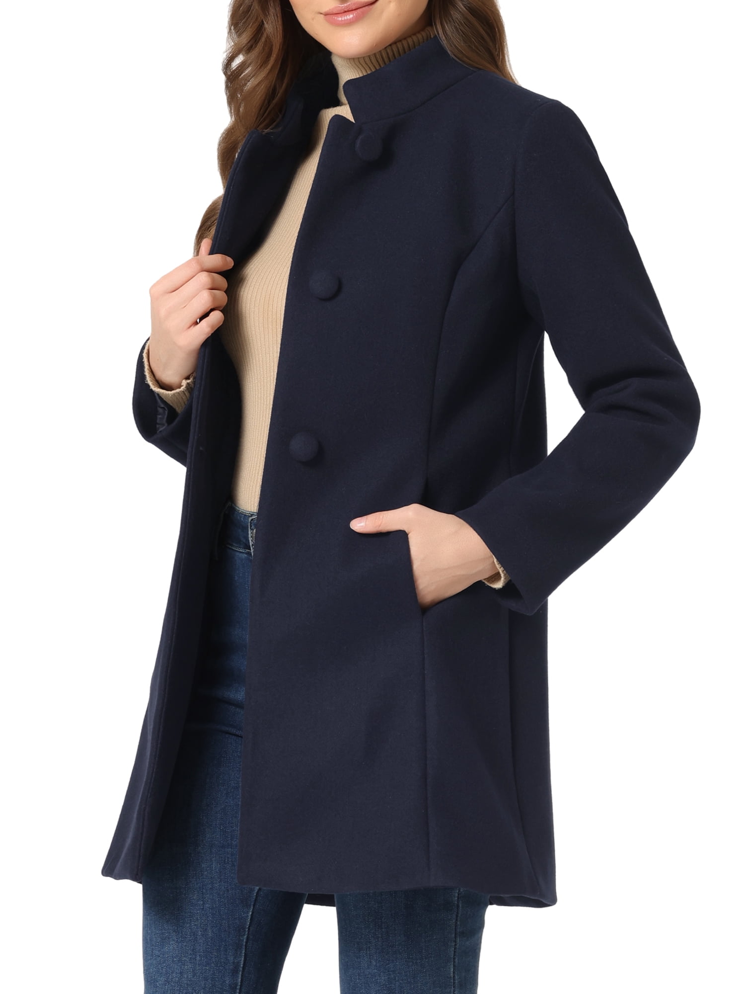 Unique Bargains Women's Winter Overcoat Stand Collar Single Breasted Long Coat S Navy Blue