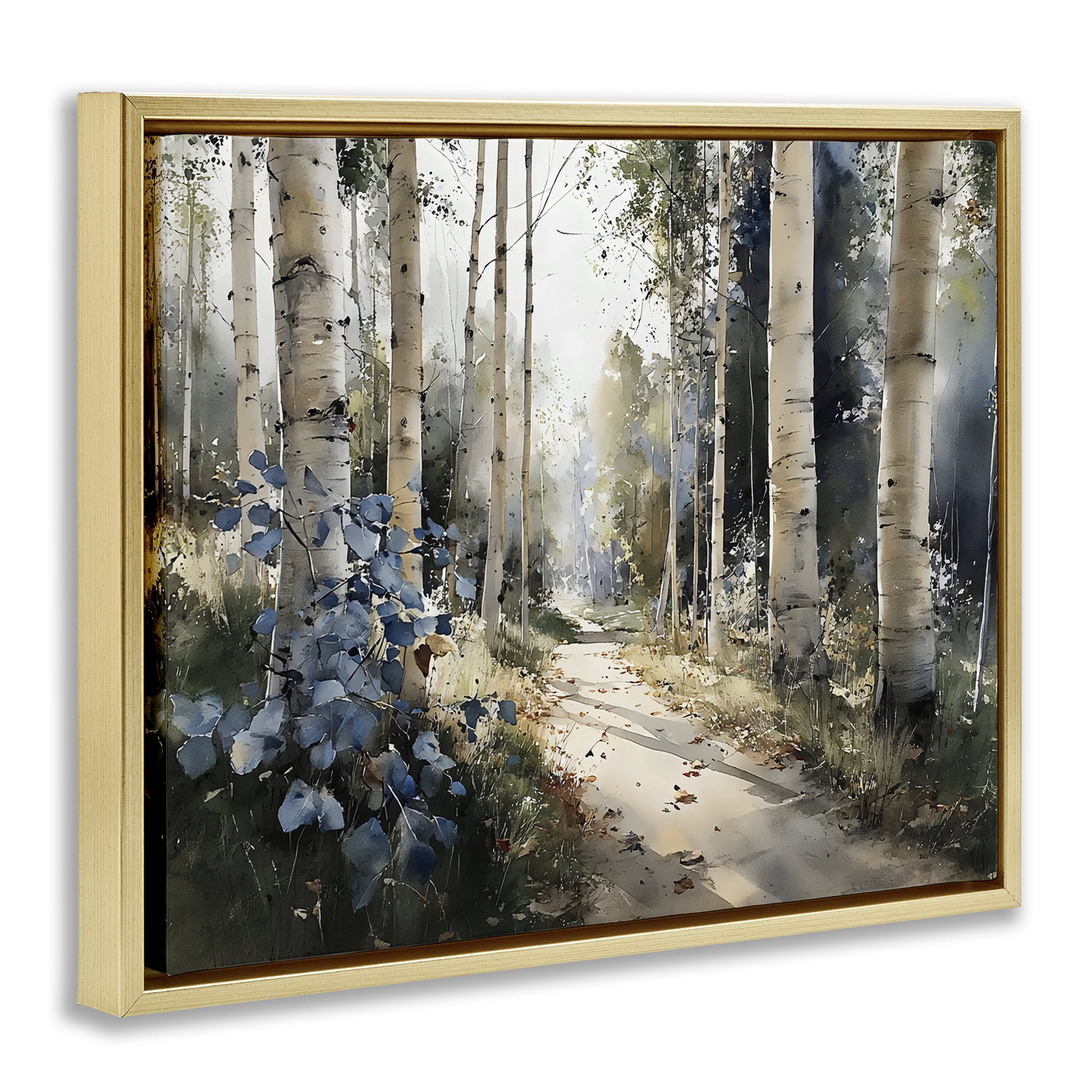 Stupell Industries Blue Birch Sunlit Forest Gold Framed Floater Canvas Wall Art, design by Franklyn Gregory