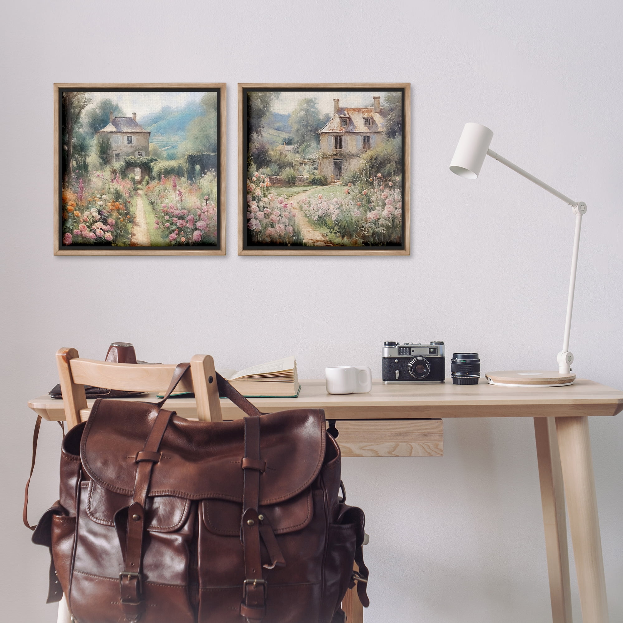 Stupell Industries Quaint French Country Garden Landscape & Nature Painting Brown Floater Framed Canvas Art Print Wall Art, 18 x 18, Set of 2