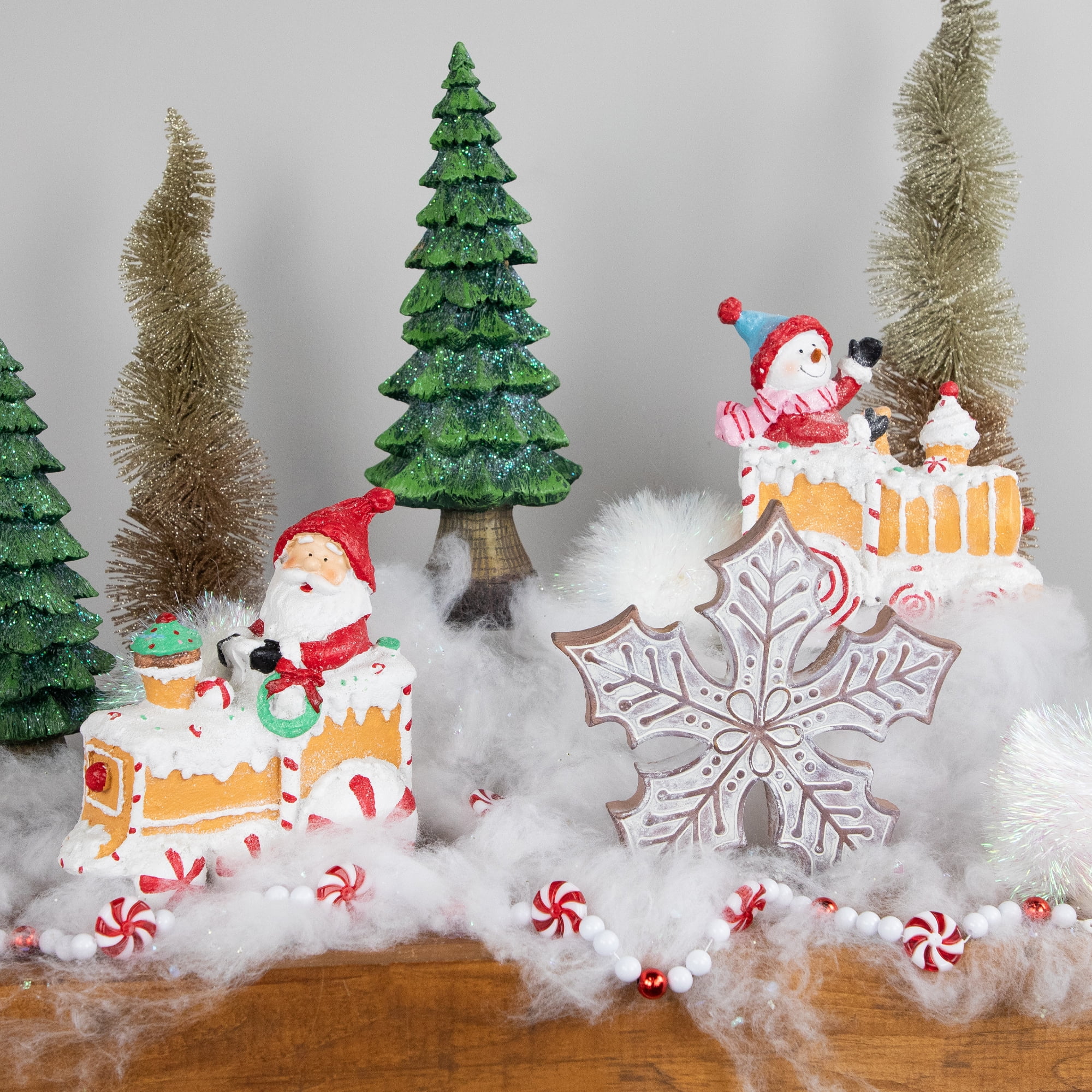 Set of 2 Santa and Snowman on Gingerbread Trains Christmas Figures - 6.75"