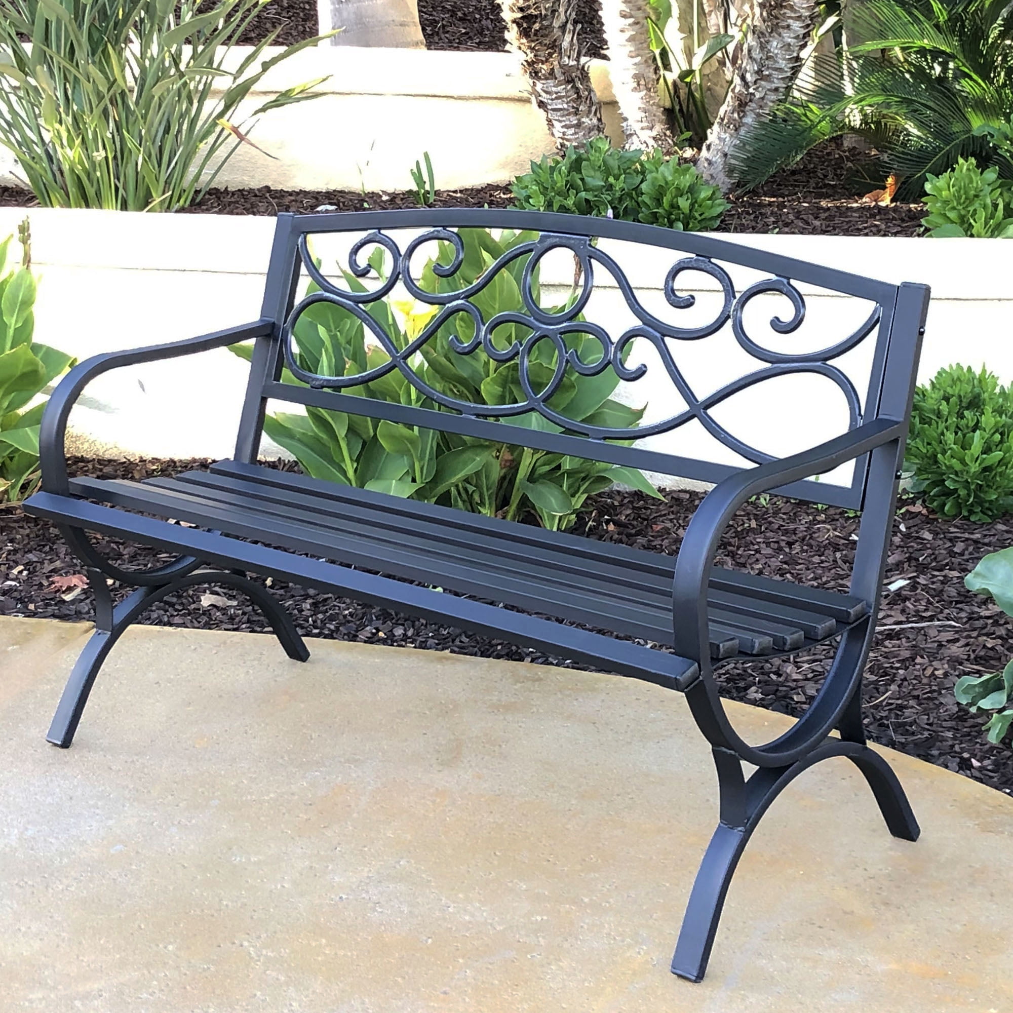 Abble Outdoor Steel Patio Bench, Cast Iron Scroll Back Garden Bench