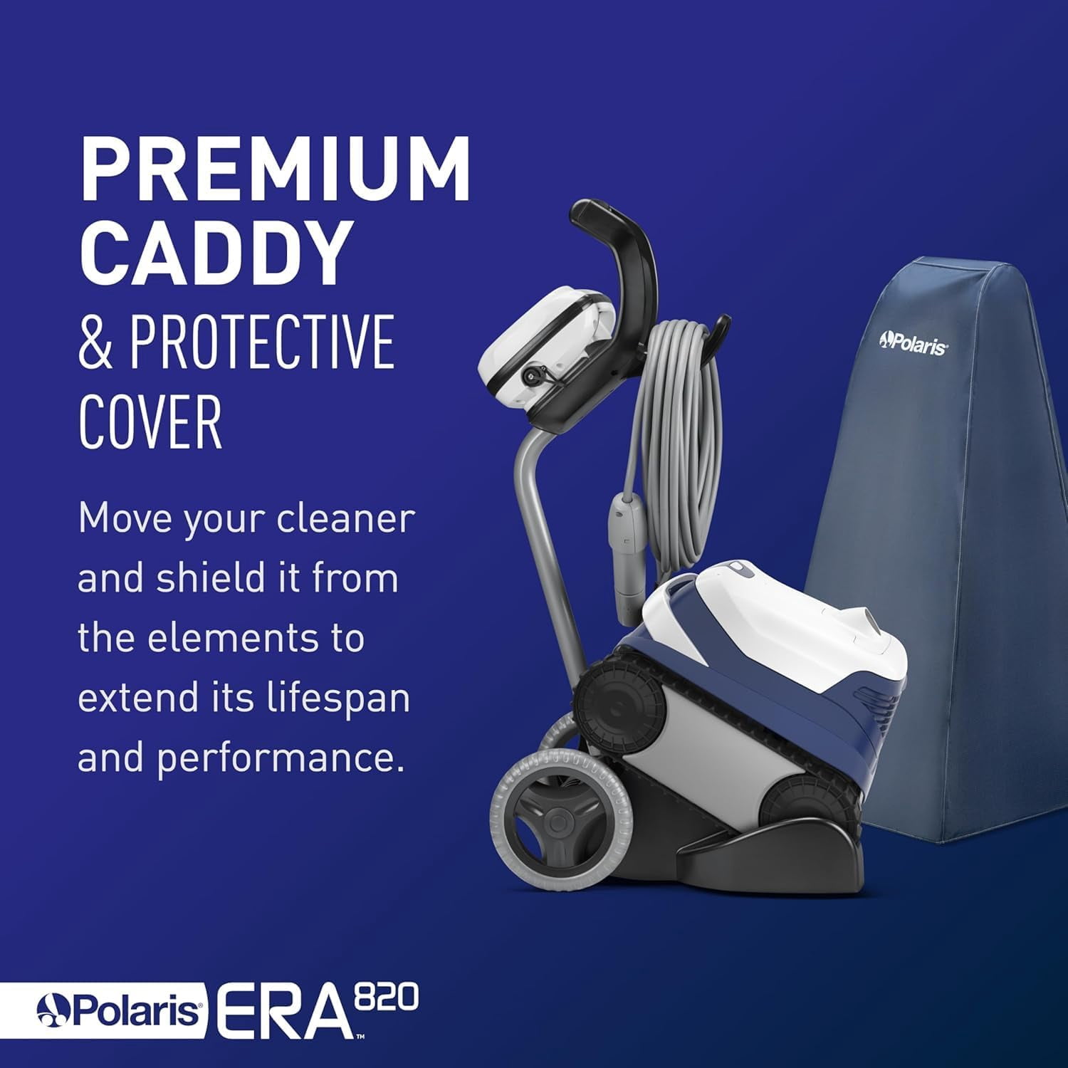 Polaris ERA 820 Robotic Pool Cleaner with Cyclonic Vacuum. Dual Brushes. 60ft Swivel Cable. Large Canister. Caddy & Cover - for In-Ground Pools