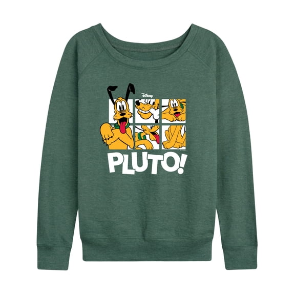 Disney - Pluto Grid Women's Lightweight French Terry Wide Neck Long Sleeve Graphic Shirt