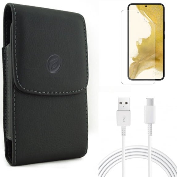 Case Belt Clip & 10ft USB-C Cable & Matte Screen Protector for Samsung Galaxy S22 (6.1") - Leather Holster & Type-C Charger Cord & TPU Film Anti-Glare Accessory Bundle