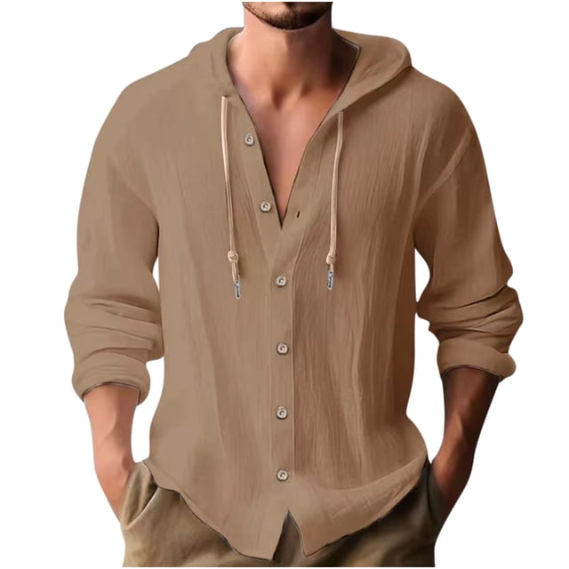 Yuyuzo Cotton Linen Hoodie for Men Button down Drawstring Hooded Soft Long Sleeve Blouse Tops