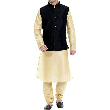 

Royal Kurta Men s Silk Blend Kurta Pyjama And Nehru Jacket Set (42 Black-Golden)