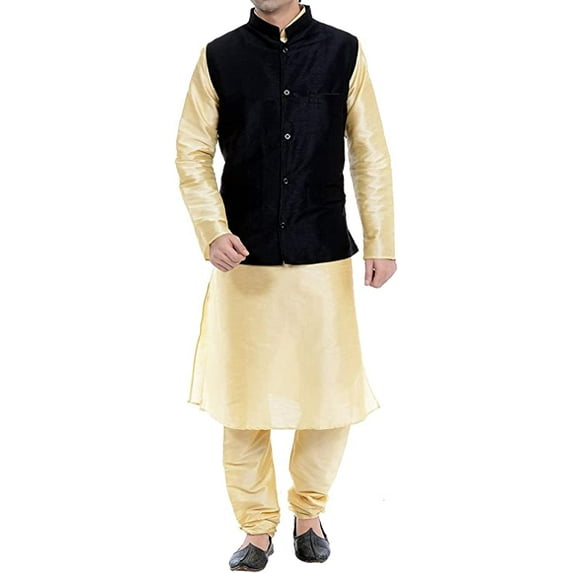Royal Kurta Men's Silk Blend Kurta Pyjama And Nehru Jacket Set (42, Black-Golden)