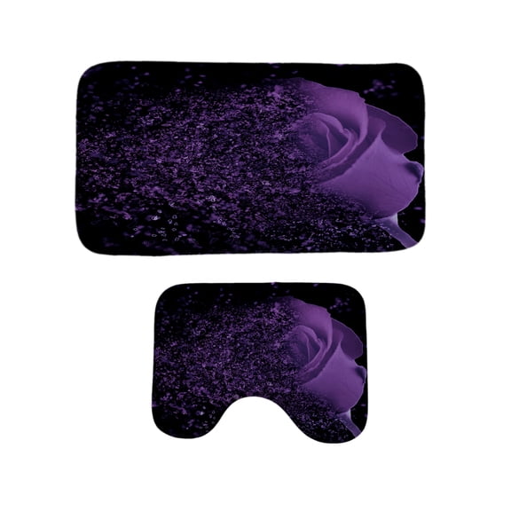 FUDAKUNA 2 Pcs Purple Flower Print Bath Rugs Set Contour Toilet Mat, Absorbent Non Slip Backing Bathroom Rug Machine Washable