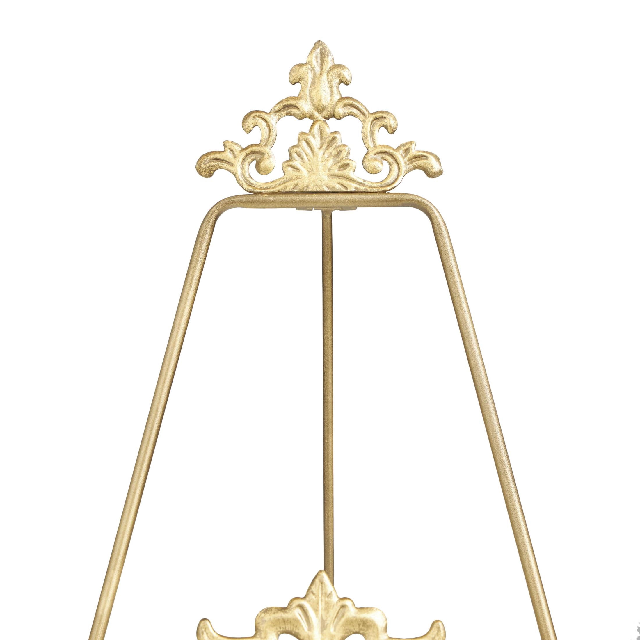 DecMode 16", 14"H Gold Metal Ornate Tabletop Arabesque Fleur De Lis Easel with Scroll Finial, 2-Pieces