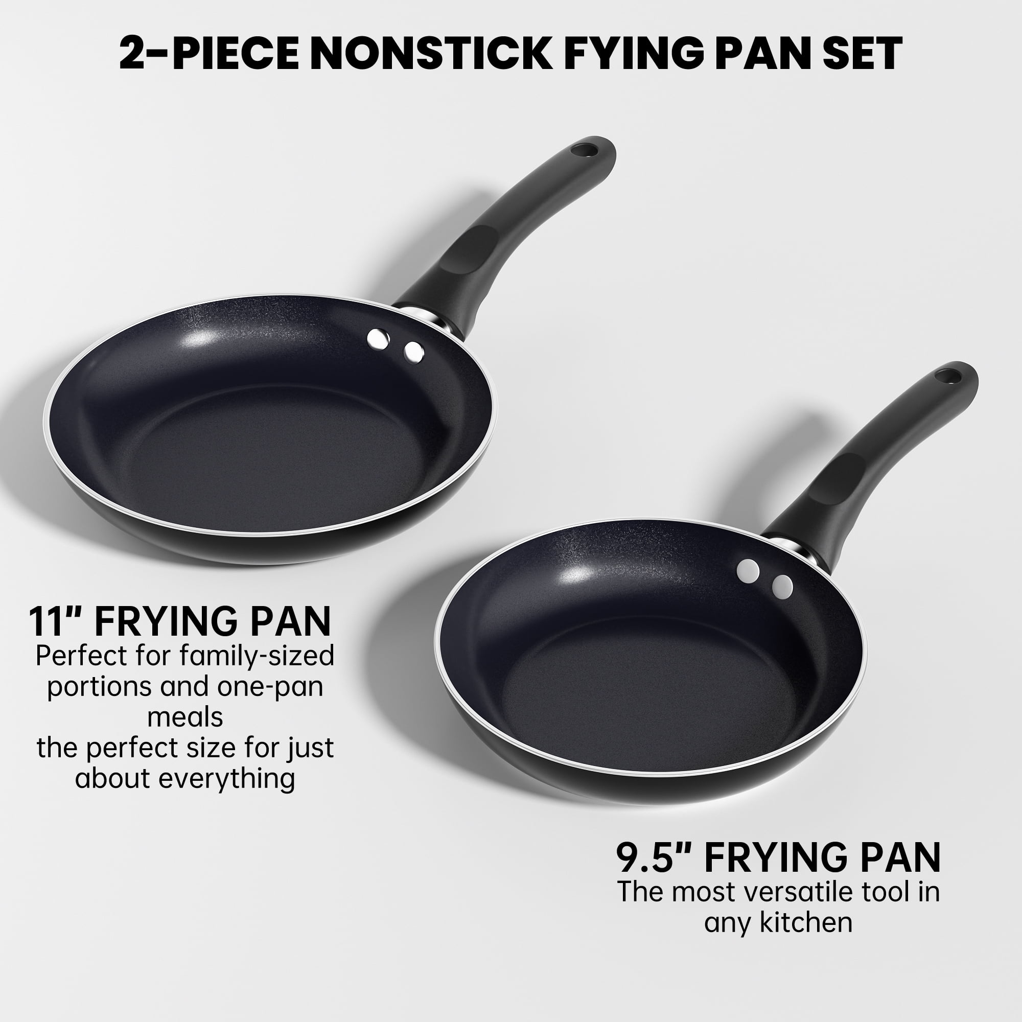 GPED 2 PCS Non-Stick Frying Pan Set, 9.5”, 11” Tri-Ply Skillet with Induction Bottom, Aluminum Cooking Skillet Pans Set, Compatible with All Stovetops (Black)