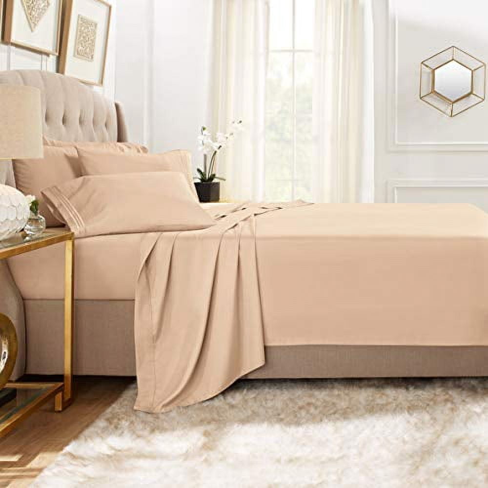 Clara Clark 6 Piece 1800 Microfiber Collection Bed Sheet Set, Deep Pockets Fitted Sheet, Flex-Top King, Taupe Sand